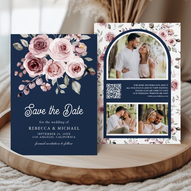 Save The Date Roses Rose Poussiéreux Code QR Photo Mariage Bleu  (Créateur téléchargé)