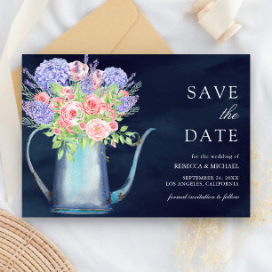 Save The Date Roses roses blanches Hydrangea Mariage bleu marine