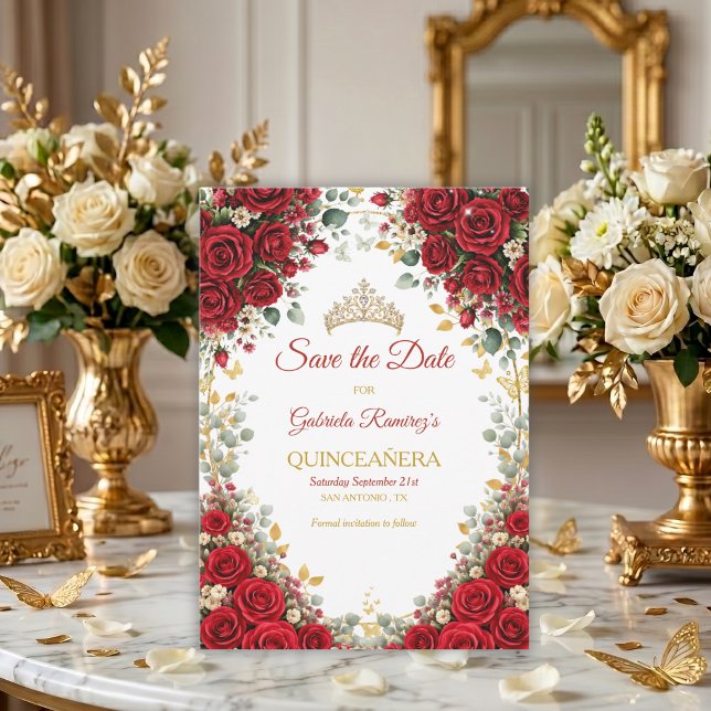 Save The Date Roses Rouges Élégantes Papillons Dorés Quinceañera (Créateur téléchargé)