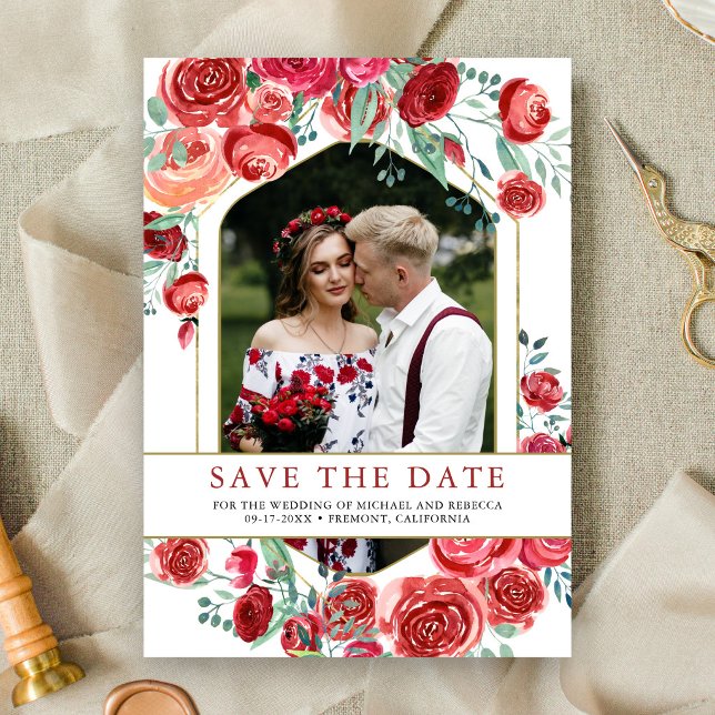 Save The Date Roses Rouges Fleurs Photo Mariage (Créateur téléchargé)