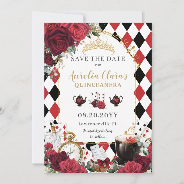 Save The Date Roses rouges Floral Alice au pays des merveilles Q (Devant)