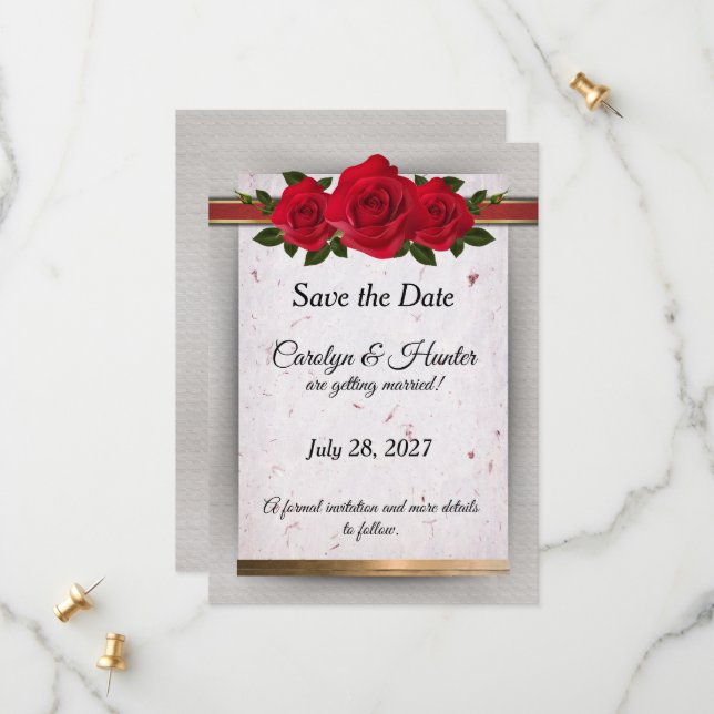 Save The Date Roses rouges magnifiques avec Mariage d'accents or (Devant/Arrière en situation)