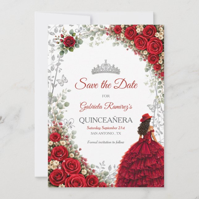 Save The Date Roses Rouges Papillons Argent Quinceañera (Devant)