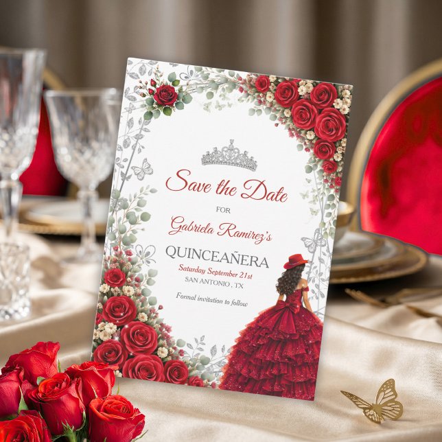 Save The Date Roses Rouges Papillons Argent Quinceañera (Créateur téléchargé)