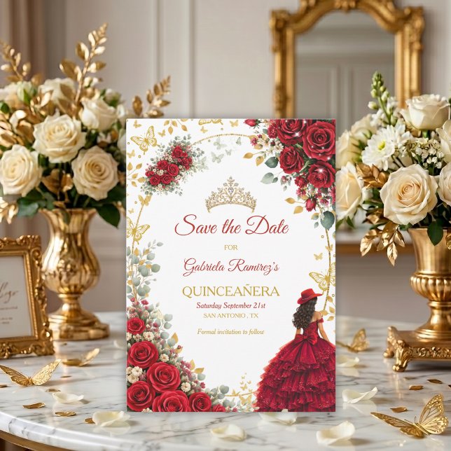 Save The Date Roses Rouges Papillons Dorés Quinceañera (Créateur téléchargé)
