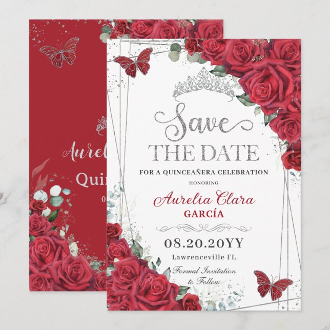 Save The Date Roses rouges Papillons en argent Quinceanera Sweet (Devant / Derrière)