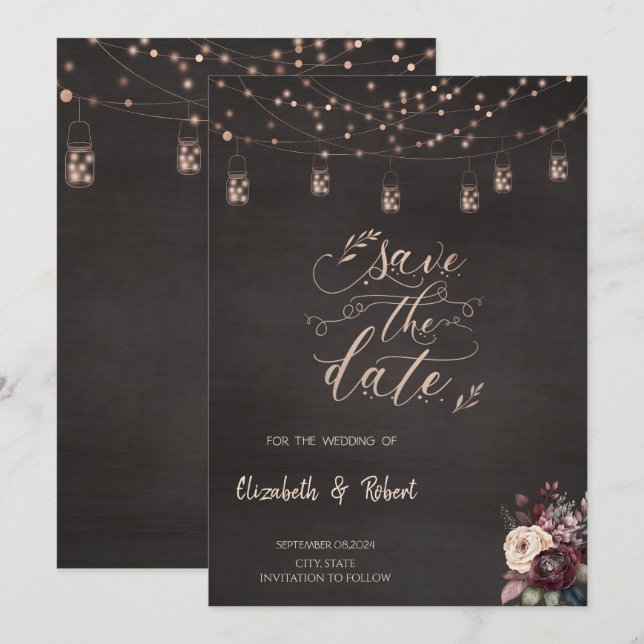 Save The Date Roses Rustic String Lights Enregistrer La Date (Devant / Derrière)
