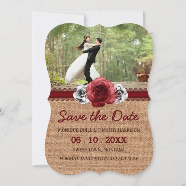 Save The Date Roses rustiques - Burlap Lace Wedding Enregistrer  (Devant)