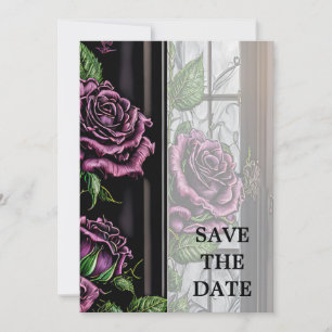 Save The Date Roses violets près de la fenêtre - style gothique