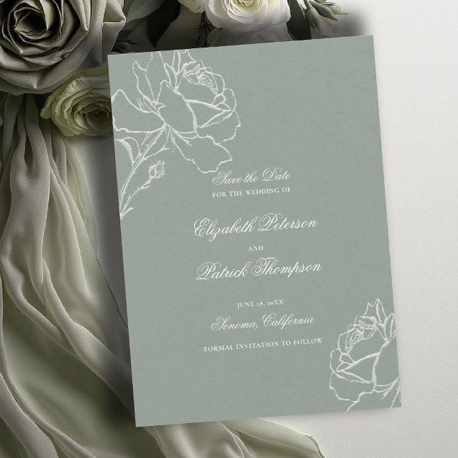 Save The Date Roses Vow Vert Sauge Moderne Classique Mariage For (sage green wedding theme save the date modern classic white roses floral frame formal traditional)