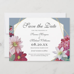 Save The Date Rouge à joues Bourgogne Floral Or Bleu Poussiéreux