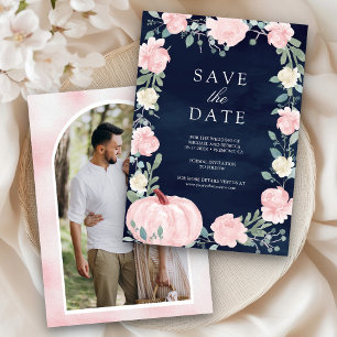 Save The Date Rouge à joues Rose Fleurs Citrouille Bleu Marine P