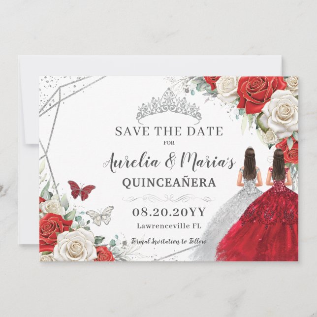 Save The Date Rouge Blanc Floral Twins Silver Quinceanera Sweet  (Devant)