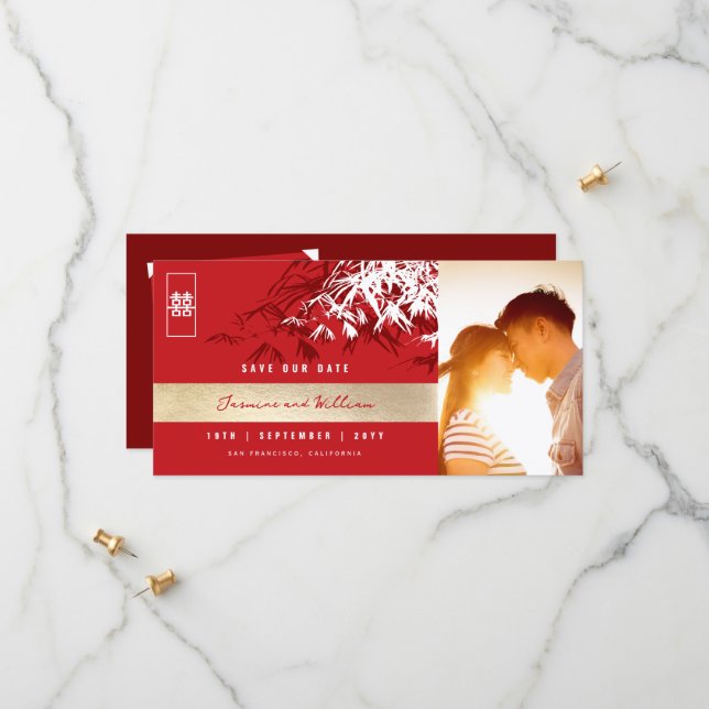 Save The Date Rouge Blanc Zen Bamboo Feuille Photo Mariage chino (Devant/Arrière en situation)
