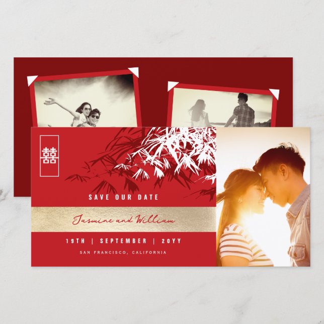 Save The Date Rouge Blanc Zen Bamboo Feuille Photo Mariage chino (Devant / Derrière)