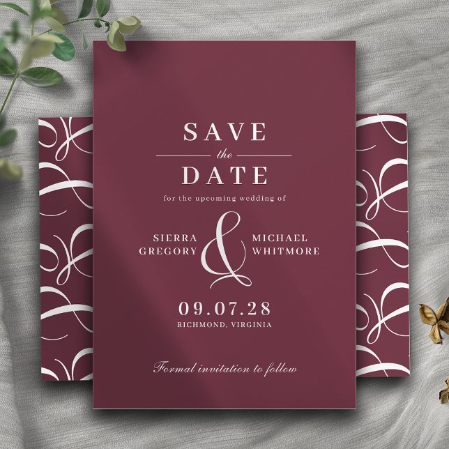 Save The Date Rouge Bordeaux | Maroon romantique Typographie Vin (Créateur téléchargé)