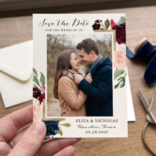Save The Date Rouge Bourgogne Blush Bleu Floral Or Photo