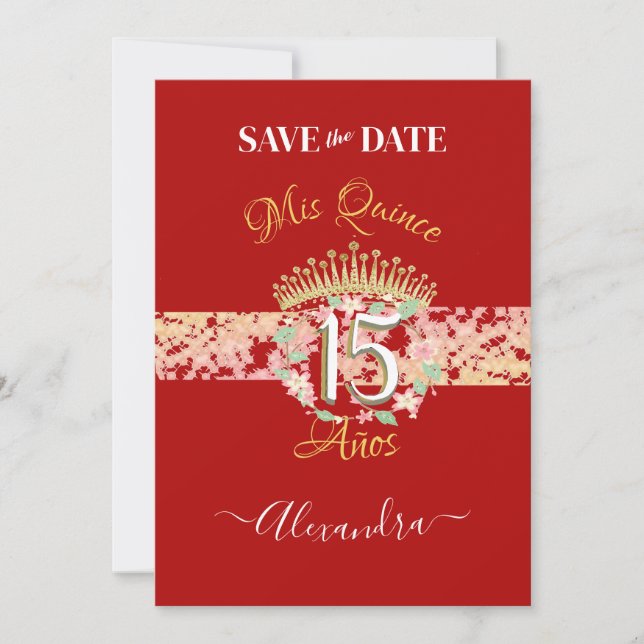 Save The Date Rouge brillant Elegant Quinceañera espagnol (Devant)