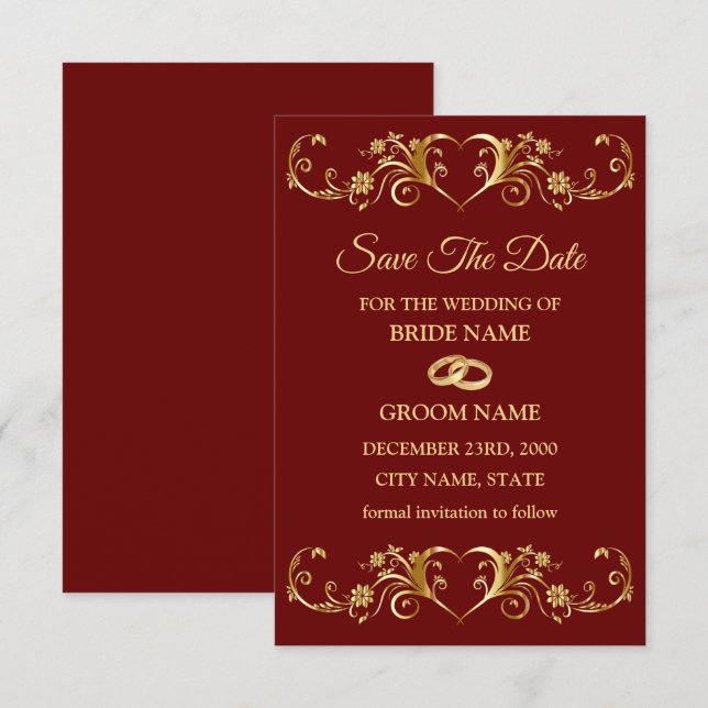 Save The Date Rouge de mariage géométrique doré élégant (Devant / Derrière)