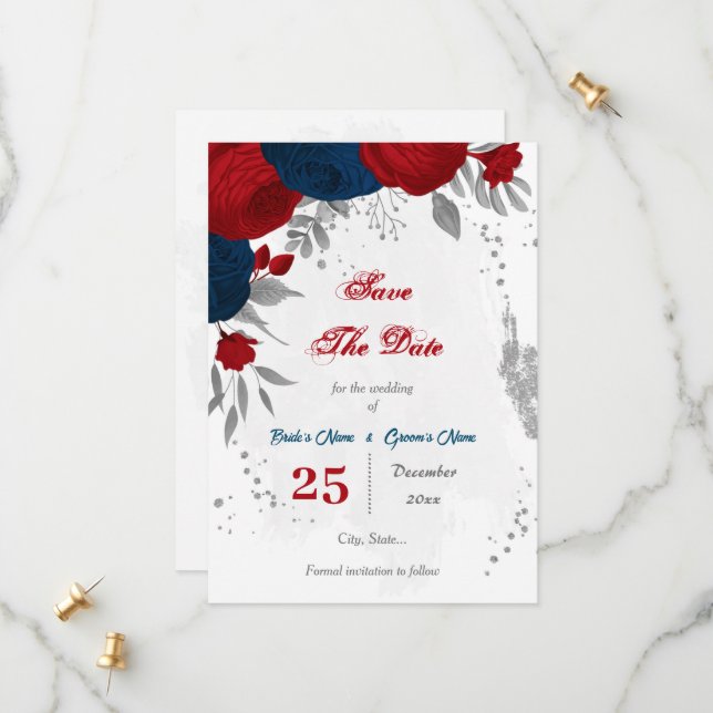 Save The Date rouge et bleu marine fleurs argent (Devant/Arrière en situation)