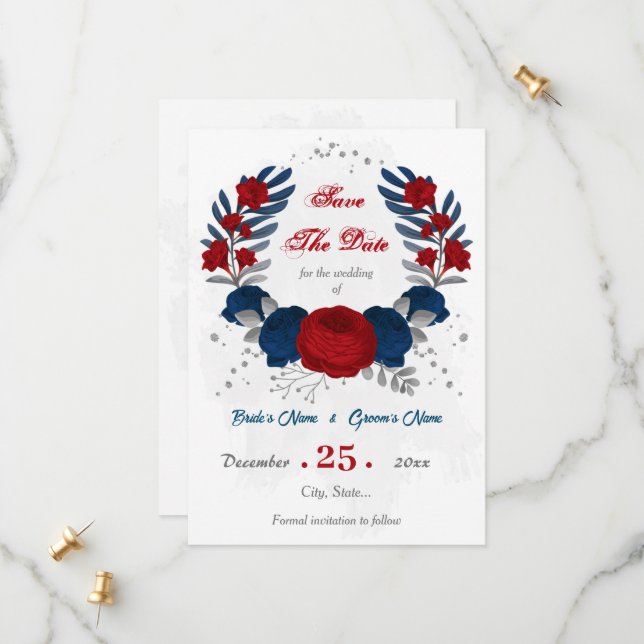 Save The Date rouge et bleu marine fleurs argent botanique (Devant/Arrière en situation)