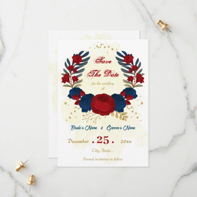 Save The Date rouge et bleu marine fleurs or feuille (Devant/Arrière en situation)