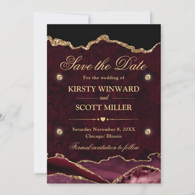 Save The Date Rouge et Or Paillettes Marbre Agate Enregistrer la (Devant)