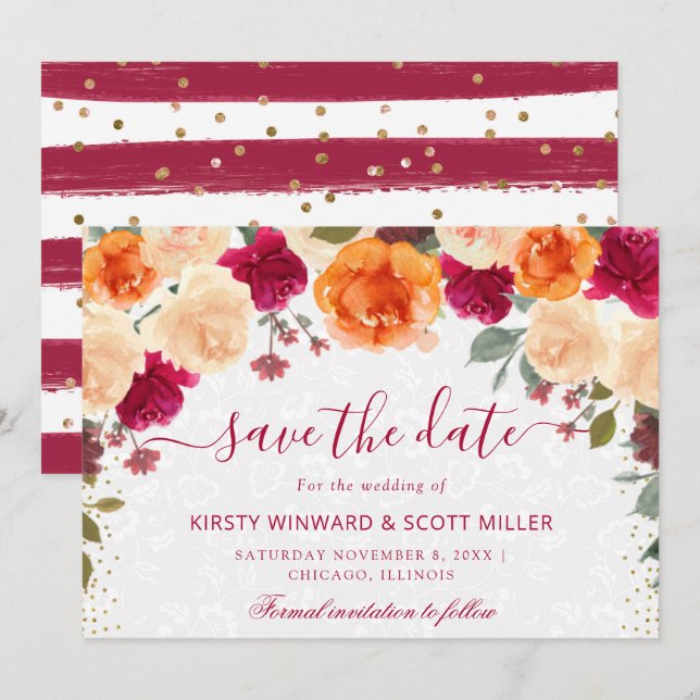 Save The Date Rouge et Orange Fleurs Automnales de Mariage (Devant / Derrière)