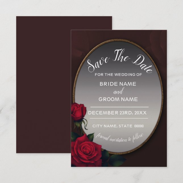 Save The Date Rouge Fard Floral Gris Argent Miroir (Devant / Derrière)