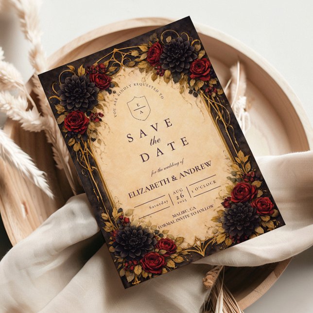 Save The Date Rouge Foncé Floral Baroque Mariage (Créateur téléchargé)