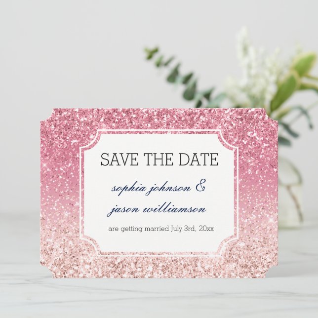 Save The Date Rouge fuchsia pailleté faire part de conservation (Debout devant)