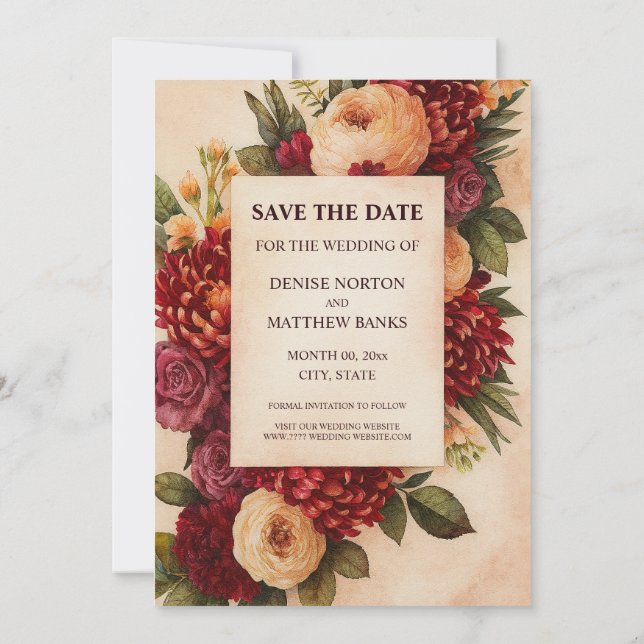 Save The Date Rouge Mariage Floral Aquarelle Bourgogne (Dos)