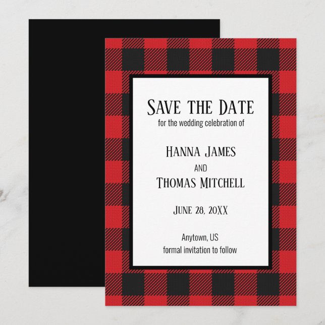 Save The Date Rouge noir Buffalo Plaid Russe Mariage (Devant / Derrière)