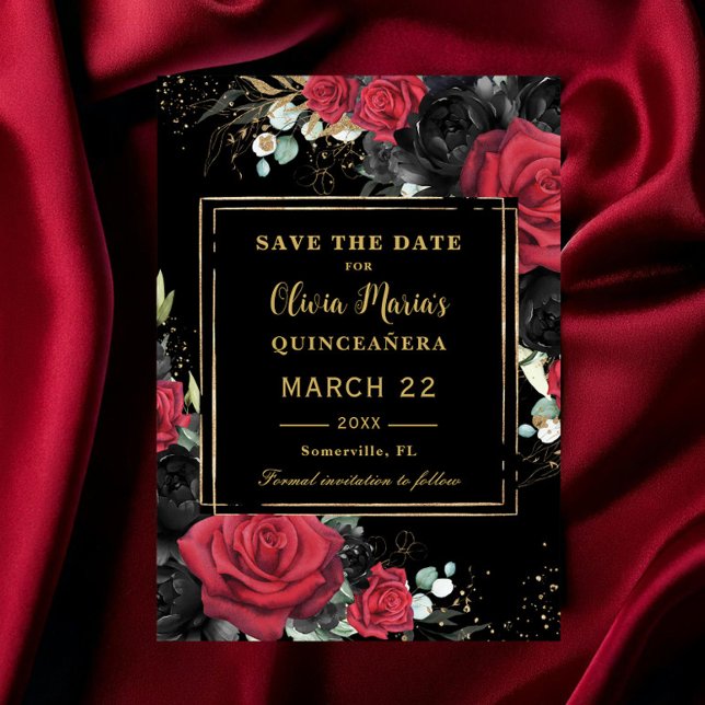 Save The Date Rouge Noir Rose Floral Or Quinceanera Sweet 16 (Créateur téléchargé)
