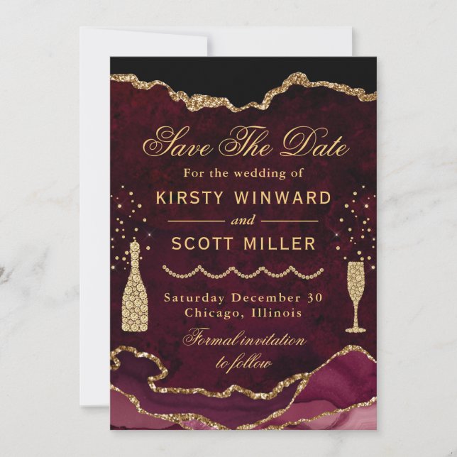 Save The Date Rouge & Or Faux Paillettes Marbre Agate Mariage (Devant)
