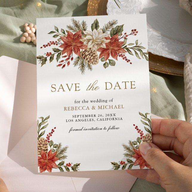 Save The Date Rouge Or Noël Fleurs Photo Mariage (Créateur téléchargé)