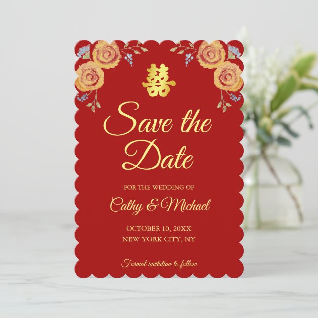 Save The Date Rouge orange floral chinois mariage double bonheur (Debout devant)