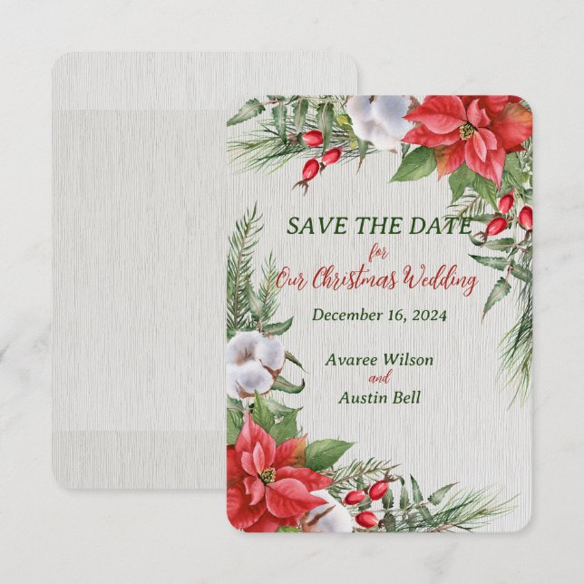Save The Date Rouge Poinsettia Feuilles verts Mariage de Noël (Devant / Derrière)