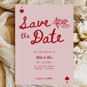 Save The Date Rouge Rétro & Rose Script Mariage Vintage Gras