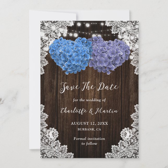 Save The Date Rouge Rustique Bleu Bois Lumières Dentelle Mariage (Devant)