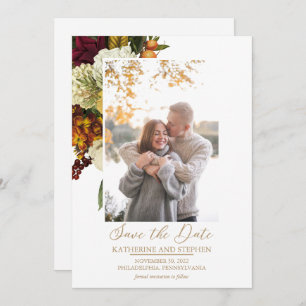 Save The Date Rouge rustique Orange Floral Bouquet Photo Blanc