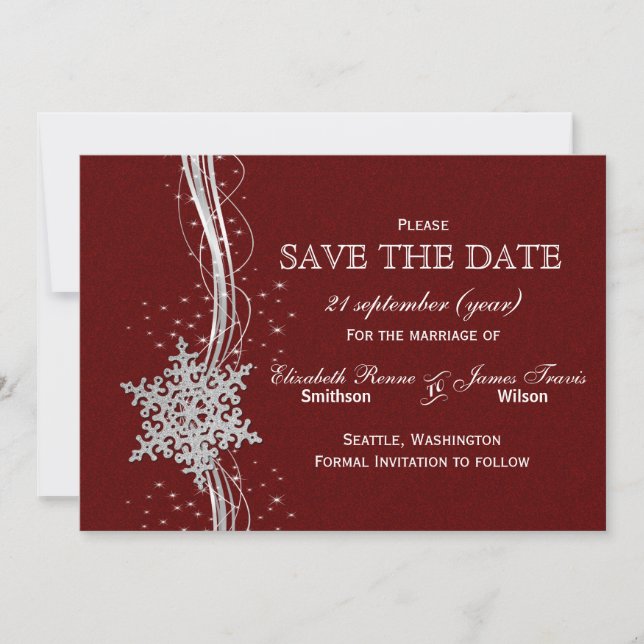 Save The Date rouge Silver Snowflakes hiver enregistrer la date (Devant)