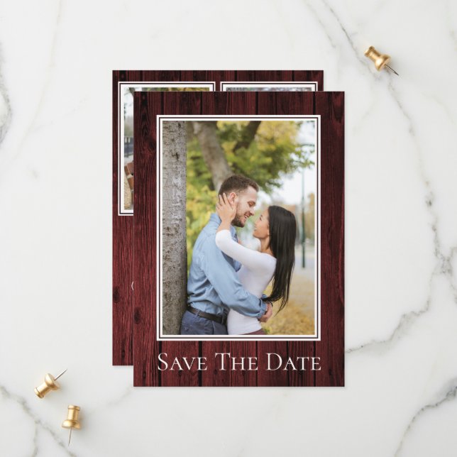 Save The Date Rouge Simple Rustique Photo Sauvegarder la Date (Devant/Arrière en situation)