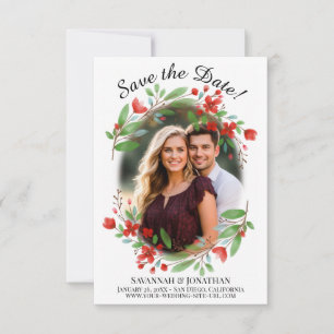 Save The Date Rouge Watercolor Blossoms & Greenery Mariage