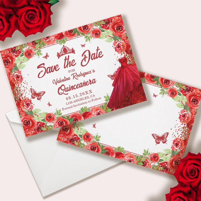 Save The Date Rouges Floral Quinceanera Couronne Enregistrer la  (Red Floral Quinceanera Crown Save the Date)