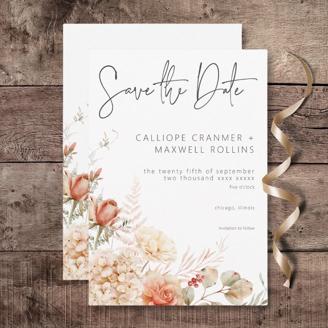 Save The Date Rouille d'automne épicée et Mariage floral (Spicy Fall Rust & Blush Boho Floral Wedding Save the Date Card)