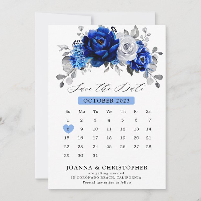 Save The Date Royal Bleu Blanc Argent Métallique Calendrier flor (Devant)