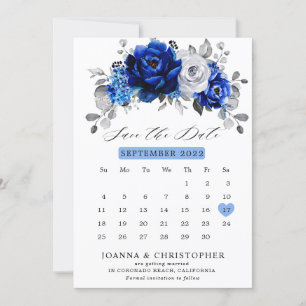 Save The Date Royal Bleu Blanc Argent Métallique Calendrier flor