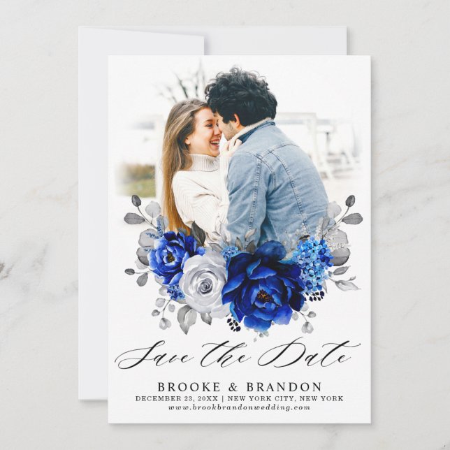 Save The Date Royal Bleu Blanc Argent Métallo Mariage Floral (Devant)