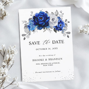 Save The Date Royal Bleu Blanc Métallique Argent Floral